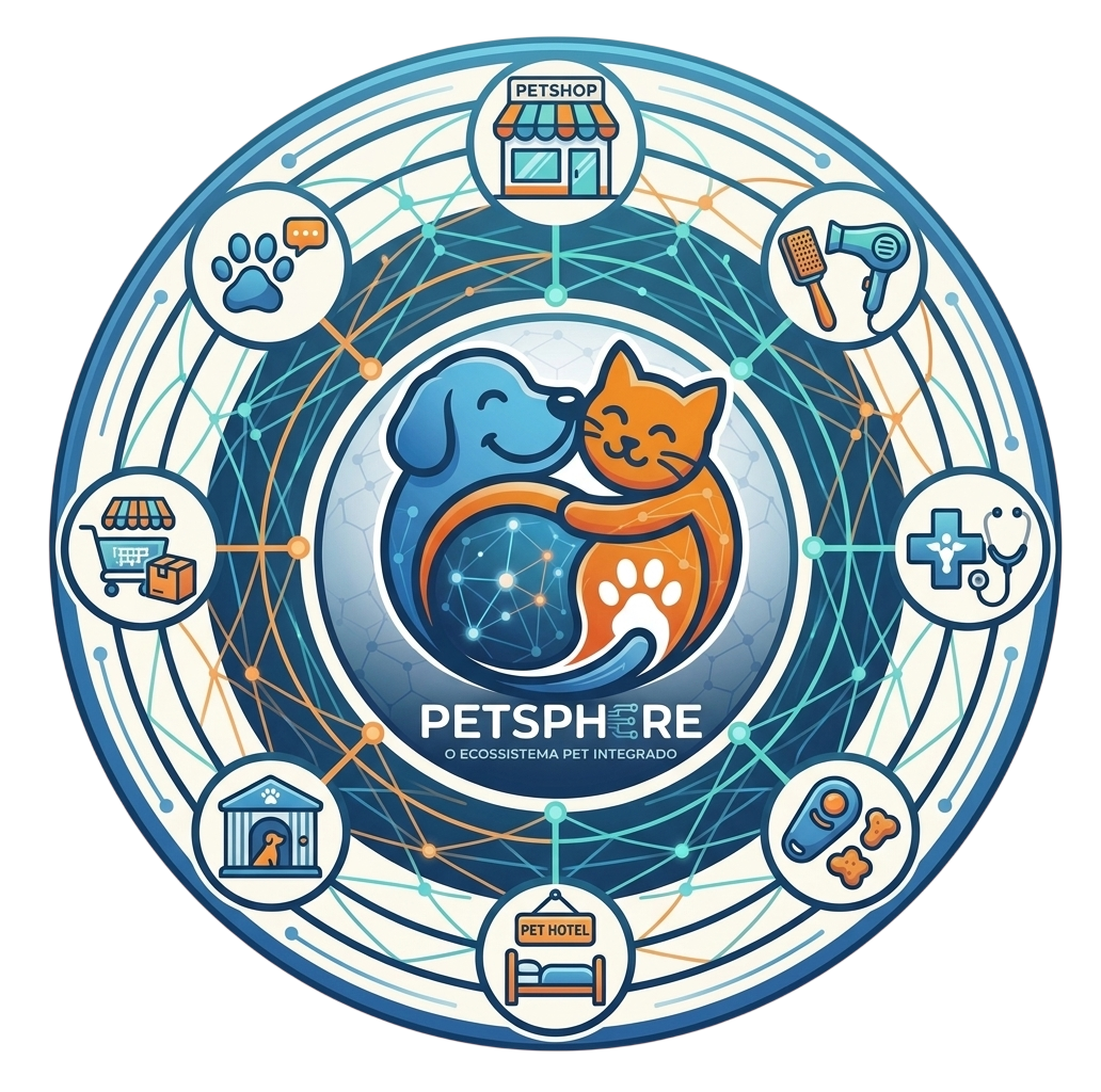Infográfico do ecossistema pet integrado: serviços conectados em rede ao redor de um cão e um gato no centro.